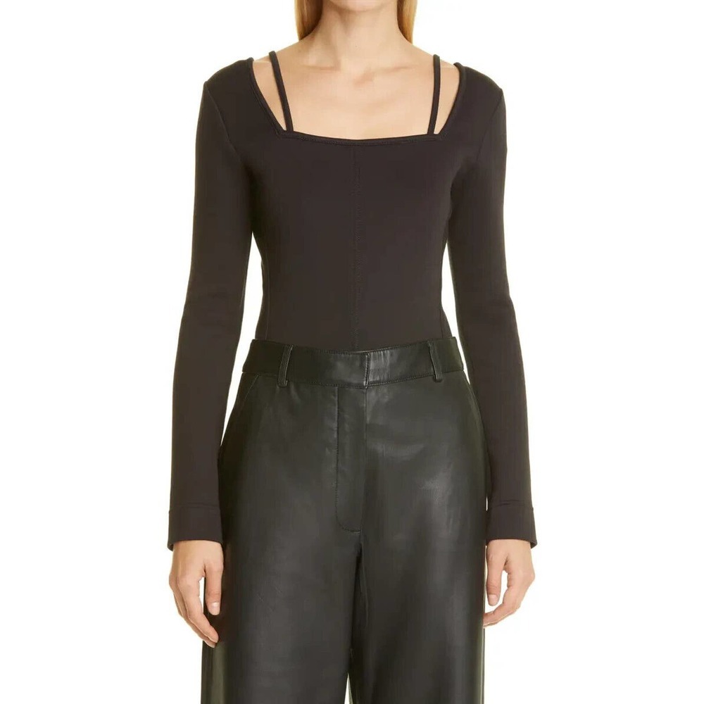 Proenza Schouler White Label Square Neck Long Sleeve Bodysuit Black Knit Size S